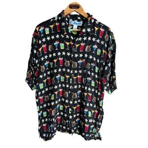 Utility Hawaiian Camp Mens Large Shirt Mixed Drinks Cocktails Black Novelty